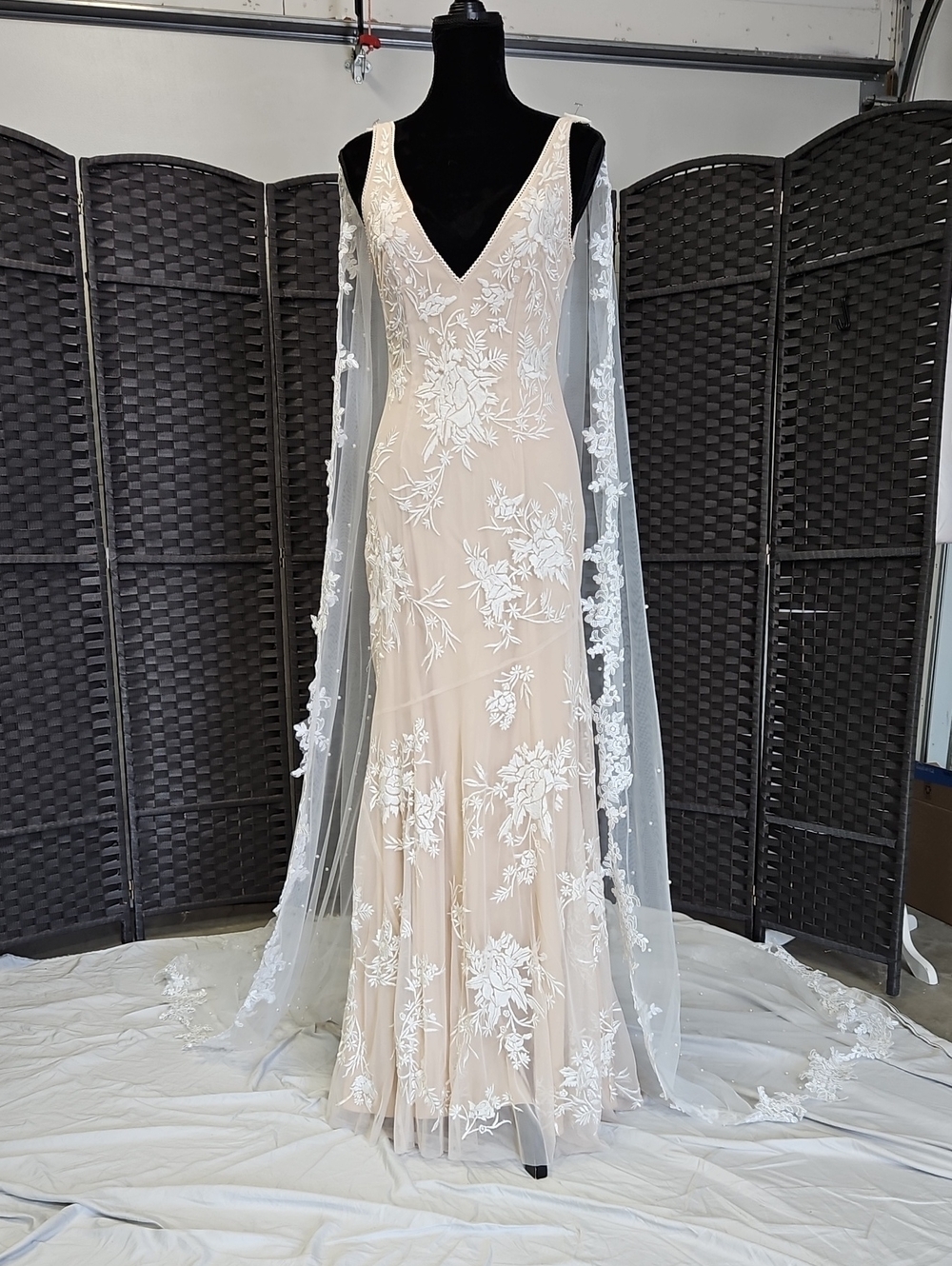 Size 2/4/6 nude/ivory tank strap mesh/lace deep V-neck bridal gown by Watters